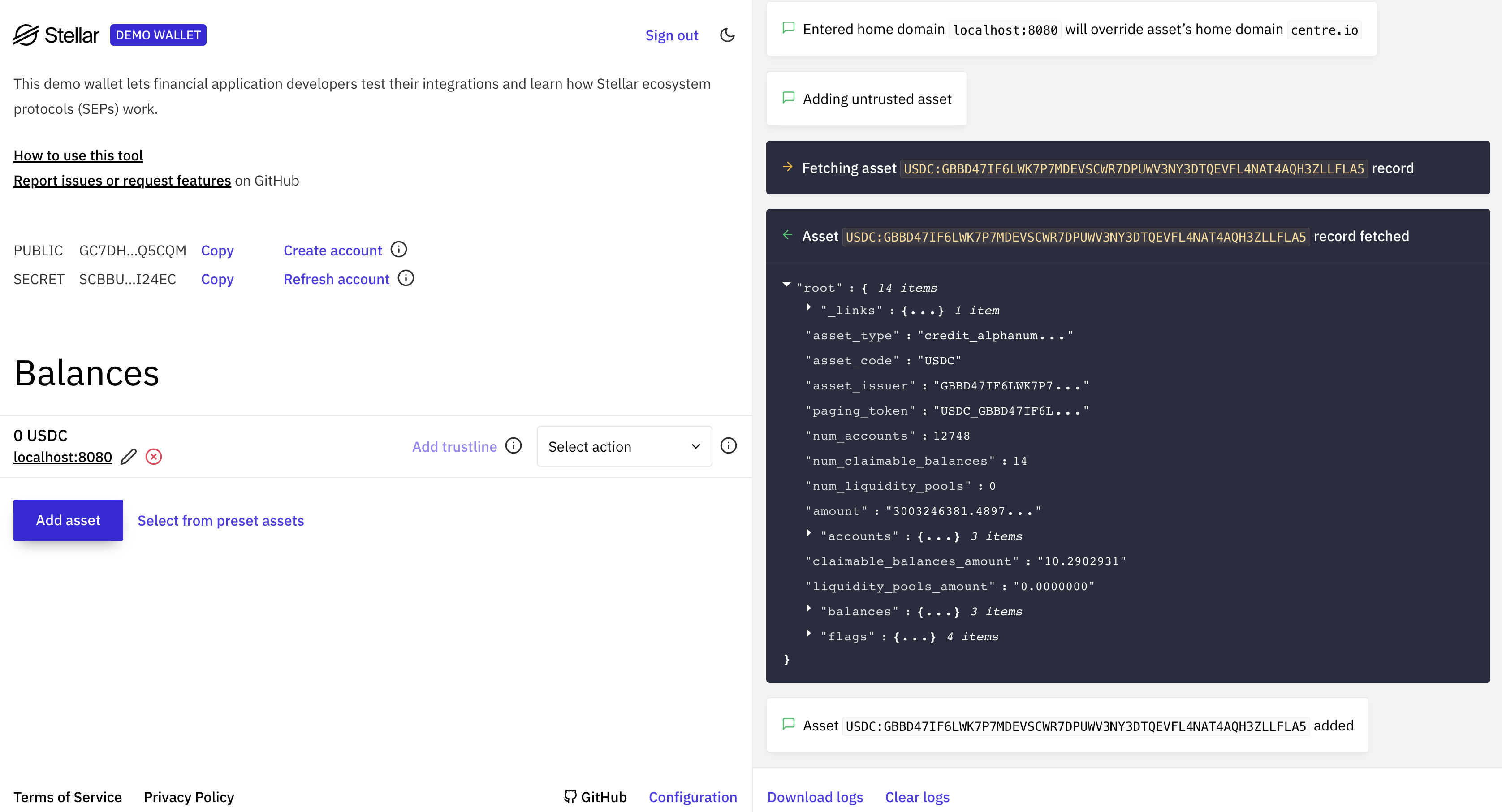 demo wallet connected to the anchor platform